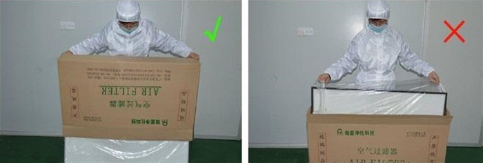 把高效過濾器慢慢倒出來，把紙箱放一邊查看高效過濾器是否損壞